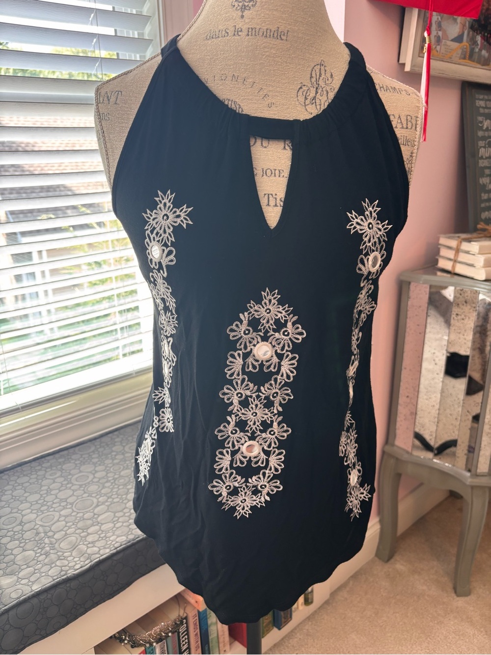 Black Halter Tank Top with White Embroidered Floral Accents
